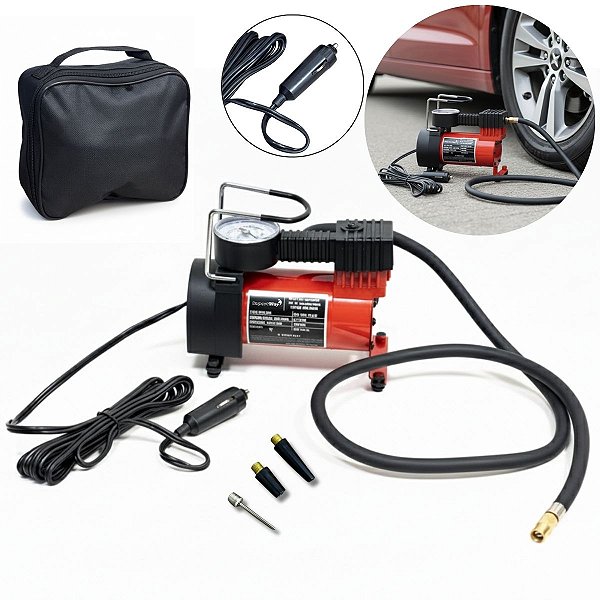 Mini Compressor de Ar Vermelho Automotivo 12V 150PSI 35L/min c/Selante e Bolsa Portátil p Carro Moto Bicicleta Importway