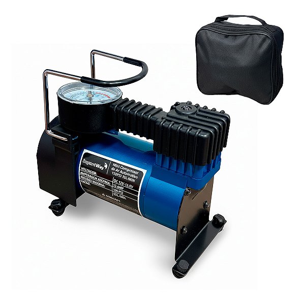 Mini Compressor de Ar Azul Automotivo 12V 150PSI 35L/min c/Selante e Bolsa Portátil p/ Carro Moto e Bicicleta Importway