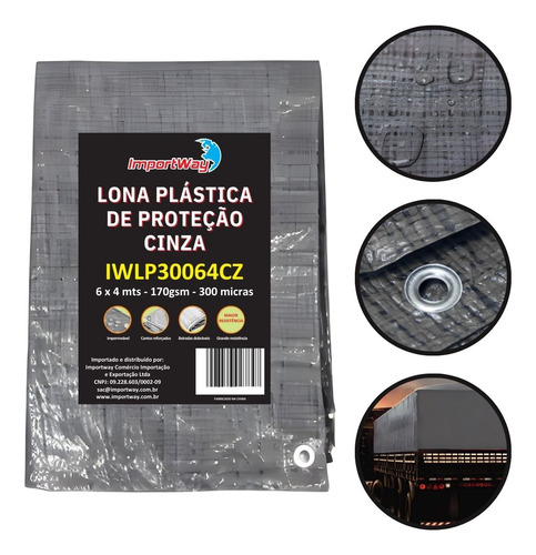 Lona Plástica Impermeável Encerada Importway 6x4m Cinza 300 Micras Multiuso Para Piscina E Jardim