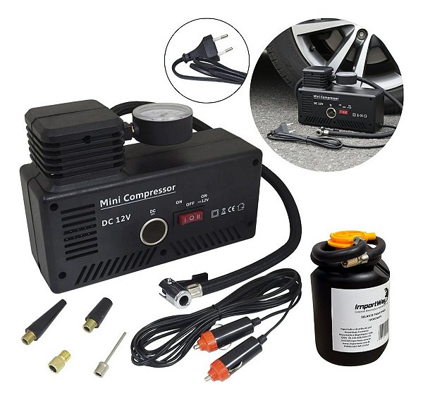 Mini Compressor De Ar Elétrico 2x1 300psi 30l/min Com Selante Portátil Automotivo Para Carro E Moto