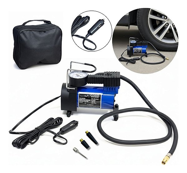 Mini Compressor Portátil 150psi 35l/min Com Selante Bolsa Azul Ideal Para Pneus De Carro E Moto