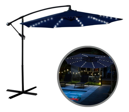 Ombrelone Lateral Azul 3,00m Com Luzes Led Proteção Uv Importway Ideal Para Jardim, Piscina E Área Externa
