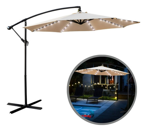 Ombrelone Lateral Branco 3,00m Com Luzes Led Proteção Uv Importway Ideal Para Jardim, Piscina E Área Externa