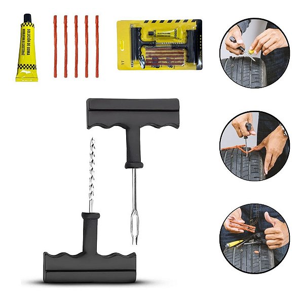 Kit Emergência Automotivo Reparo De Pneu 8 Peças Importway Ideal Para Carro Moto E Viagens