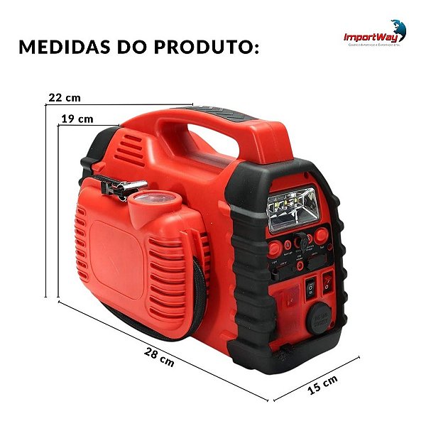 Auxiliar De Partida 6x1 Importway Com Compressor De Ar Portátil 12v Powerbank Luz Led E Saída Usb Automotiva