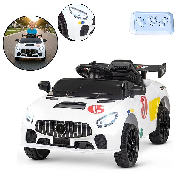 Mini Carro Elétrico Infantil Esportivo 12V Branco Com Controle Remoto Função Música E Luzes LED - Importway