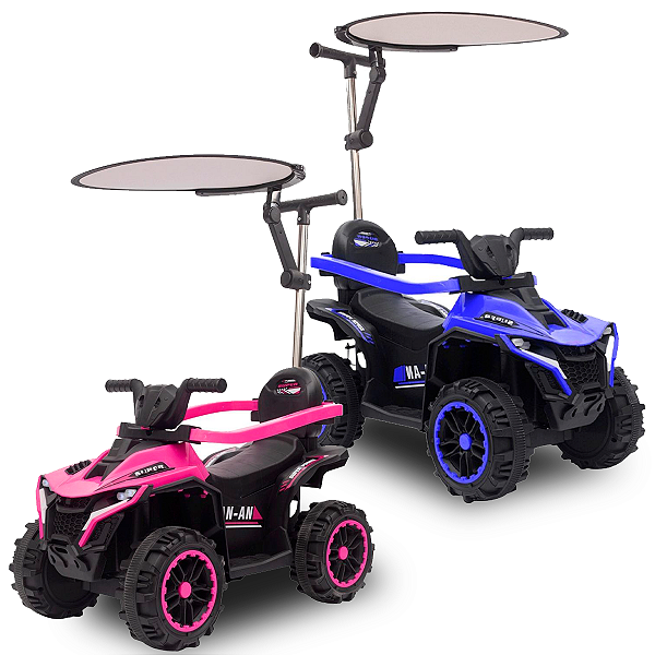 Quadriciclo Elétrico 6V Infantil Com Empurrador Cobertura E Bateria Recarregável Rosa ou Azul - Importway