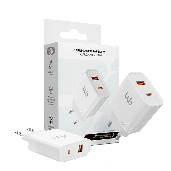 Carregador Ultra Rápido Bivolt 30W Portátil Para Smartphone Android e iPhone DualCharge USB-C + USB-A Branco - Mimo