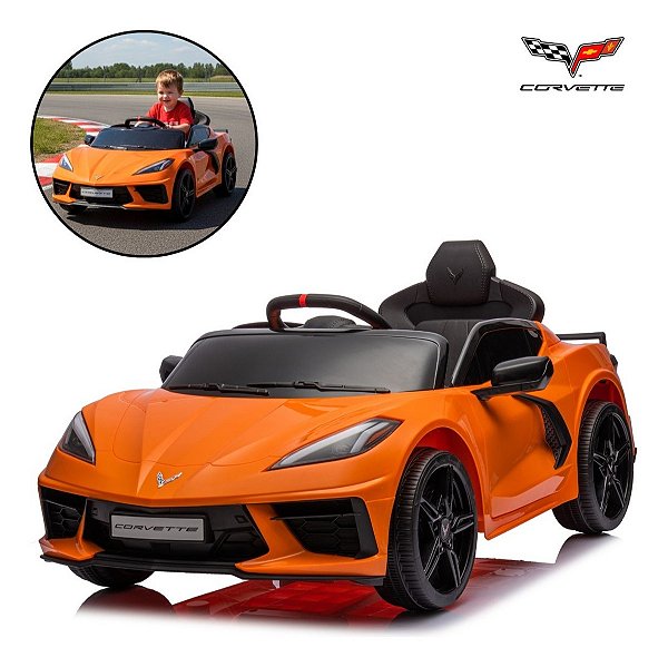 Mini Carro Elétrico Infantil 12v Corvette C8 Laranja Com Luz, Som, Controle Remoto E Licenciamento Oficial