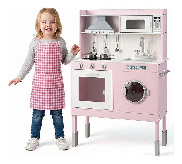 Cozinha Infantil Grande Mdf Rosa Com Máquina De Lavar Fogão Pia Torneira E Micro-ondas Brinquedo Completo Super Realista