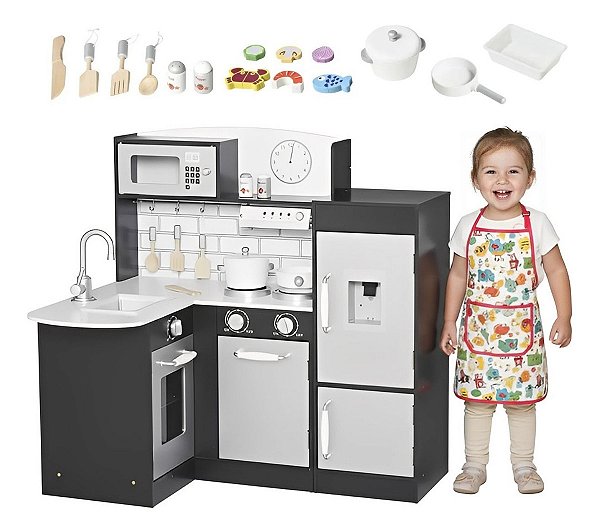 Cozinha Infantil Moderna Mdf Preta Com Geladeira, Fogão, Pia E Forno Brinquedo Realista Mini Chef Importway