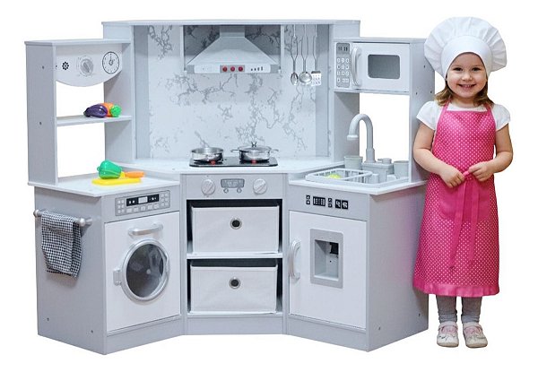 Cozinha Infantil Mdf Branca Completa Com Geladeira, Máquina De Lavar, Coifa, Fogão E Pia – Brinquedo Realista Mini Chef