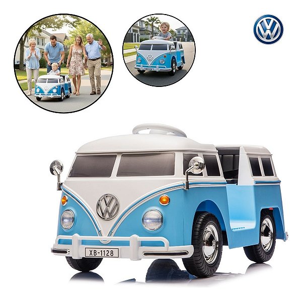 Mini Kombi Elétrica Infantil 6v Volkswagen Buzz Azul Com Controle, Led, Som Divertido, Mp3 E Painel Interativo