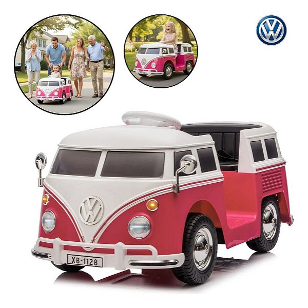 Mini Kombi Elétrica Infantil 6v Volkswagen Buzz Rosa Com Controle, Led, Som Divertido, Mp3 E Painel Interativo