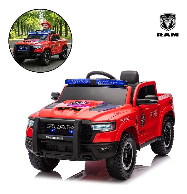 Mini Carro Elétrico Infantil 12v Dodge Ram 1500 Bombeiro Com Controle, Luzes De Emergência, Som E Entrada Mp3