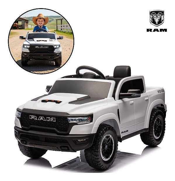 Mini Carro Elétrico Infantil 12v Dodge Ram 1500 Branco Com Som, Luzes Led, Controle Remoto E Funções De Velocidade