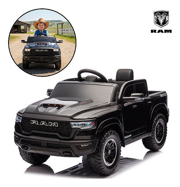 Mini Carro Elétrico Infantil 12v Dodge Ram 1500 Preto Com Som, Luzes Led, Controle Remoto E Funções De Velocidade