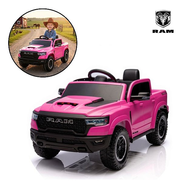 Mini Carro Elétrico Infantil 12v Dodge Ram 1500 Rosa Com Som, Luzes Led, Controle Remoto E Funções De Velocidade