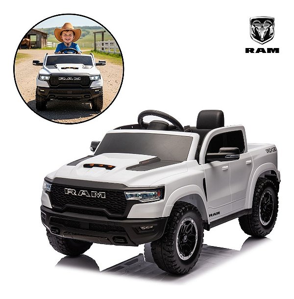 Mini Carro Elétrico Infantil 12v Dodge Ram 1500 Branco Com Som, Luzes, Mp3, Usb, Assento De Couro E Controle Remoto