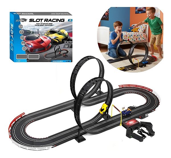 Pista Autorama Elétrica Com 2 Loopings Escala Completa Brinquedo De Corrida Infantil E Adulto