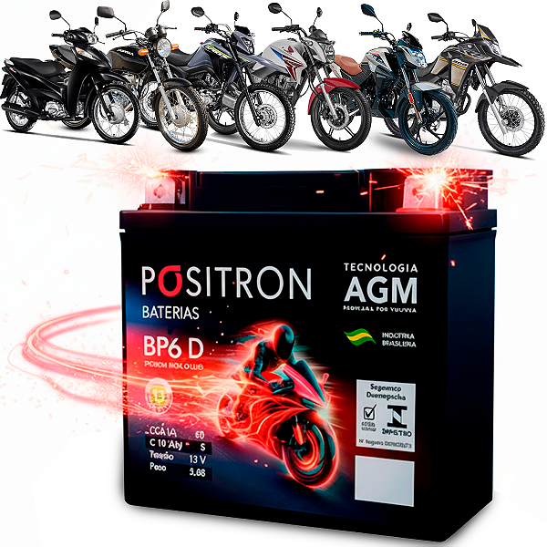 Bateria Para Moto Motocicletas BP6 D 12V 6A Compatível Honda Fan Titan CG 125/150/160 XRE 300 TTR 125 (Direito) Pósitron