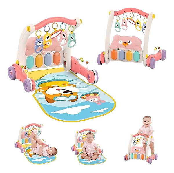 Andador Empurrador Infantil 2 Em 1 Tapete Piano Musical Rosa Estimula Primeiros Passos Som E Móbile Certificado Inmetro