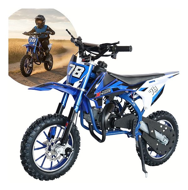 Mini Moto 49cc Azul Cross Infantil Com Partida Elétrica Freio A Disco E Estilo Radical Ideal Para Aventura Extrema