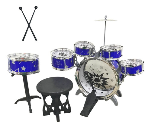 Bateria Infantil Musical Azul Com Banquinho Completa Estimula Coordenação Motora Criatividade E Ritmo Musical