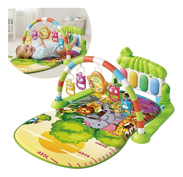 Tapete De Atividades Bebê Verde Com Piano Musical E Móbile Para Desenvolver Coordenação Motora E Cognição