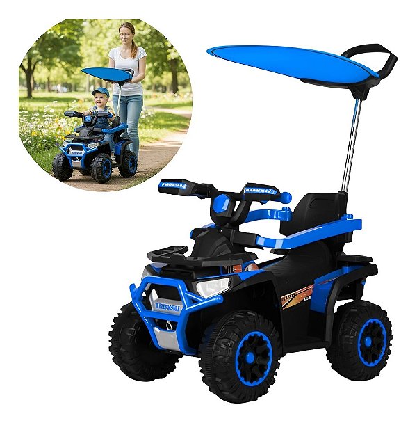 Quadriciclo Elétrico Infantil 6v Com Empurrador E Cobertura Azul Mais Segurança Estabilidade E Diversão Para Crianças