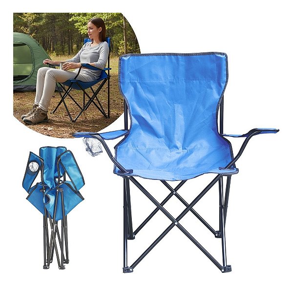 Cadeira De Camping Com Apoio De Braço E Porta Copos Azul Ideal Para Praia Camping Pescaria E Lazer