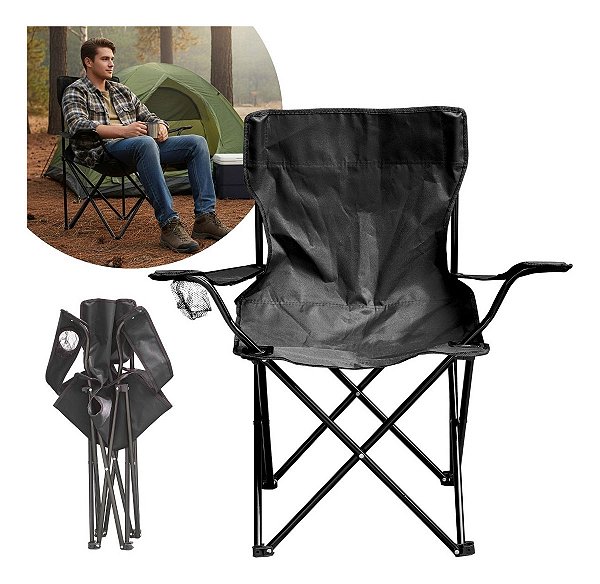 Cadeira De Camping Com Apoio De Braço E Porta Copos Preta Ideal Para Praia Camping Pescaria E Lazer
