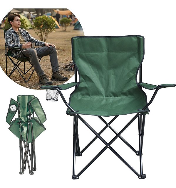Cadeira De Camping Com Apoio De Braço E Porta Copos Verde Ideal Para Praia Camping Pescaria E Lazer