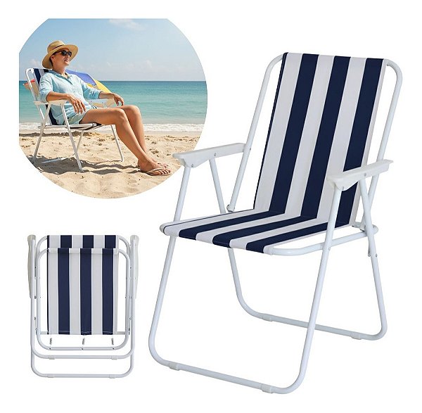 Cadeira De Praia Dobrável Ferro Branco E Azul Com Apoio De Braço Ideal Para Praia Piscina Camping E Lazer