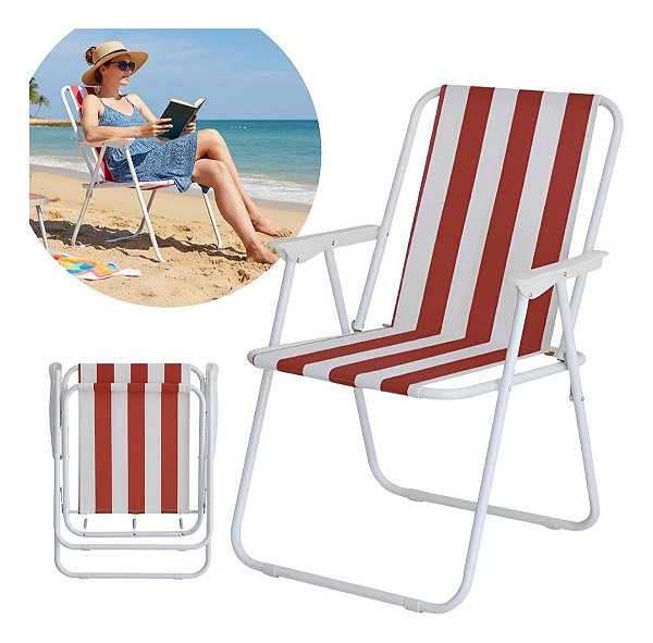 Cadeira De Praia Dobrável Ferro Branco E Vermelho Com Apoio De Braço Ideal Para Praia Piscina Camping E Lazer