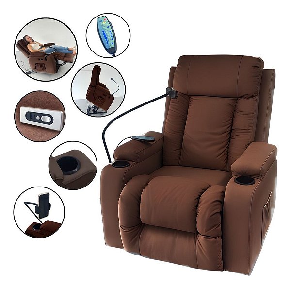Poltrona Reclinável Caramelo Com Massagem Aquecimento E Suporte Celular Ideal Para Relaxar Em Casa