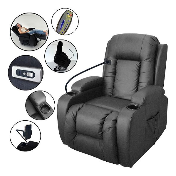 Poltrona Reclinável Preta Com Massagem Aquecimento E Suporte Celular Ideal Para Relaxar Em Casa