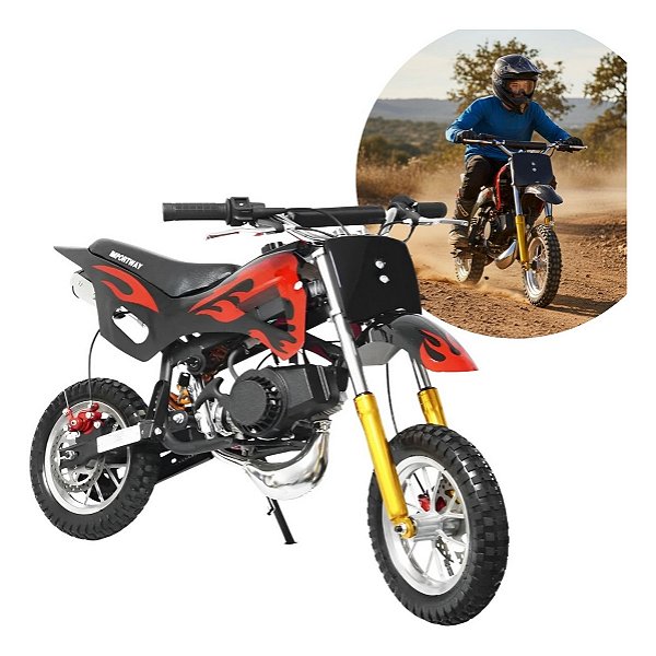 Mini Moto Preta Dirt 49cc Gasolina Com Partida Manual Freios A Disco E Design Esportivo Para Diversão Radical