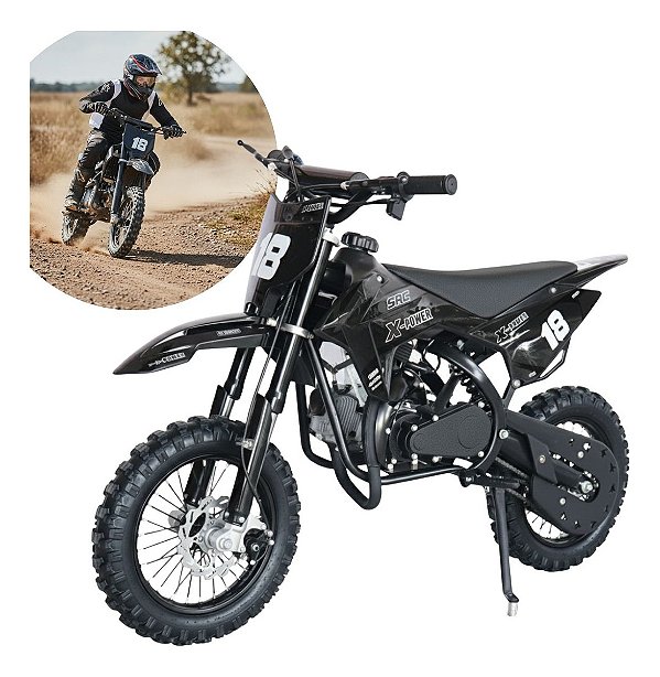 Mini Moto Gasolina Dirt 49cc Partida Elétrica Preta Ideal Para Aventura Off Road E Jovens Pilotos Iniciantes