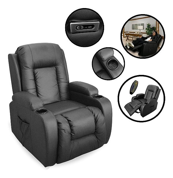 Poltrona De Massagem Preta Reclinável Automática Com Aquecedor E Usb Ideal Para Relaxar Em Casa