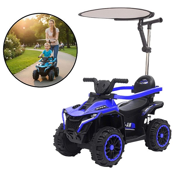 Mini Quadriciclo Elétrico 6V Infantil Com Empurrador Cobertura E Bateria Recarregável Azul Ou Rosa Proteção Solar