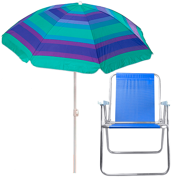 Kit 16 Cadeira Alta de Praia Azul + 8 Guarda-Sol Família Roxo 1,80m FPS 70 Praia Piscina Camping