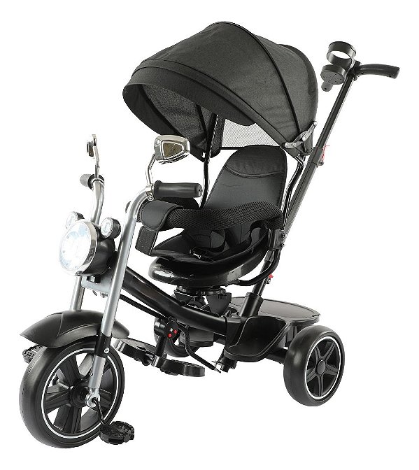Triciclo Infantil Com Empurrador E Cobertura Preto Com Música, Rodas Eva, Apoio Para Os Pés E Assento Giratório