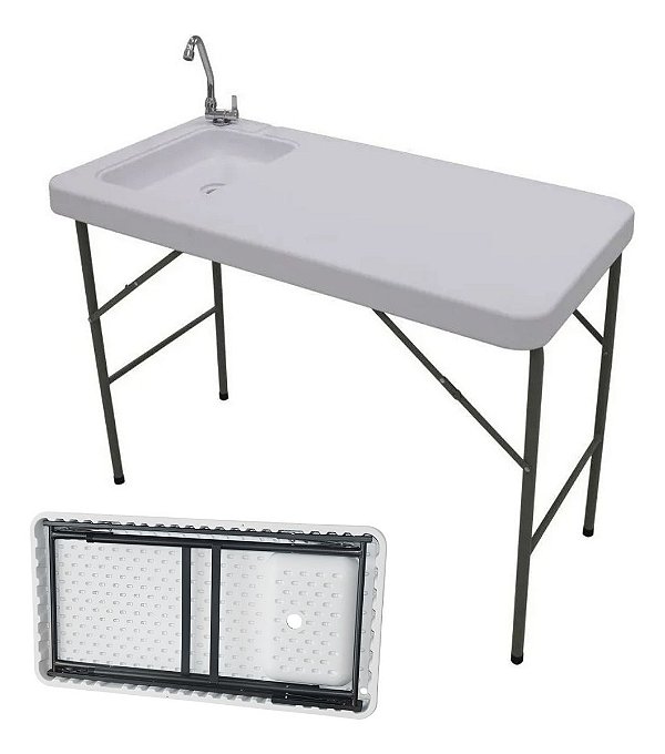 Pia Mesa Portátil Branca Com Acessórios Para Pesca, Camping E Rancho Com Torneira, Ralo E Pernas Dobráveis