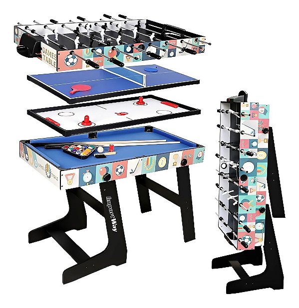 Mesa 4x1 Dobrável Bilhar Ping Pong Air Game E Pebolim Com Acessórios Completos E Diversão Para Toda Família