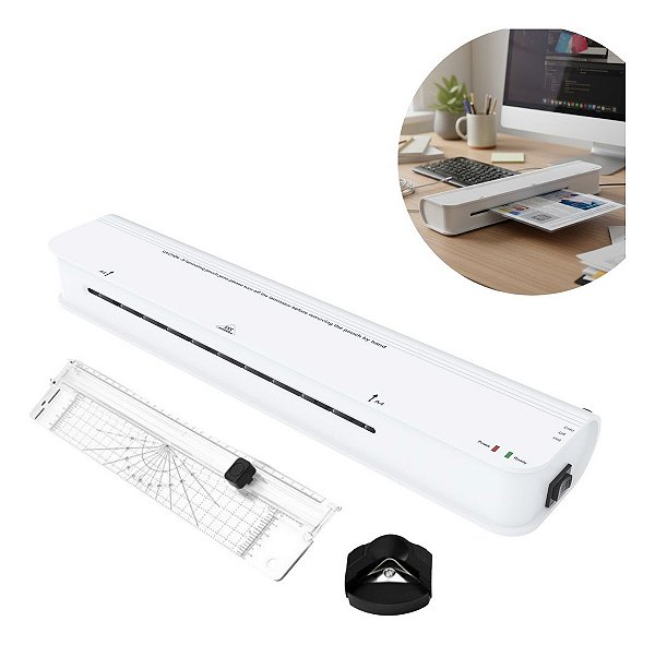Plastificadora Branca A4 300w 220v Com Kit Guilhotina Para Documentos Escritório Escola Casa