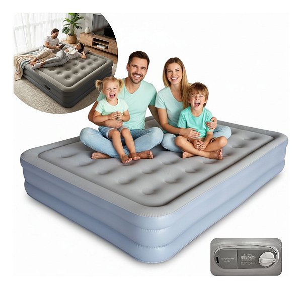 Colchão Inflável Queen Com Bomba Embutida 127v Bege Ideal Para Visitas Conforto E Praticidade Em Acampamentos E Viagens