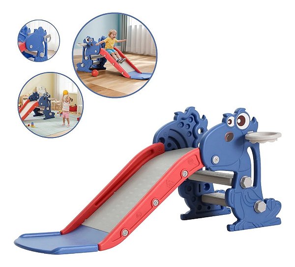 Escorregador Infantil 3 Em 1 Dobrável Rosa Com Escorrega Basquete E Aros Lazer Completo Certificado Inmetro Até 36kg