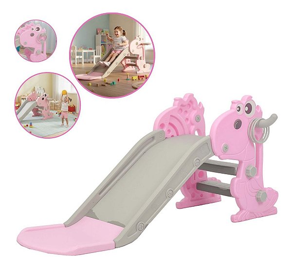 Escorregador Infantil 3 Em 1 Dobrável Rosa Com Escorrega Basquete E Aros Lazer Completo Certificado Inmetro Até 36kg