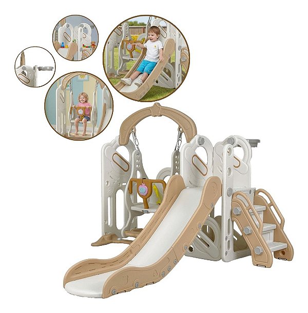 Playground Infantil 4 Em 1 Bege Com Basquete Balanço E Escorrega Lazer Completo Para Crianças Certificado Inmetro